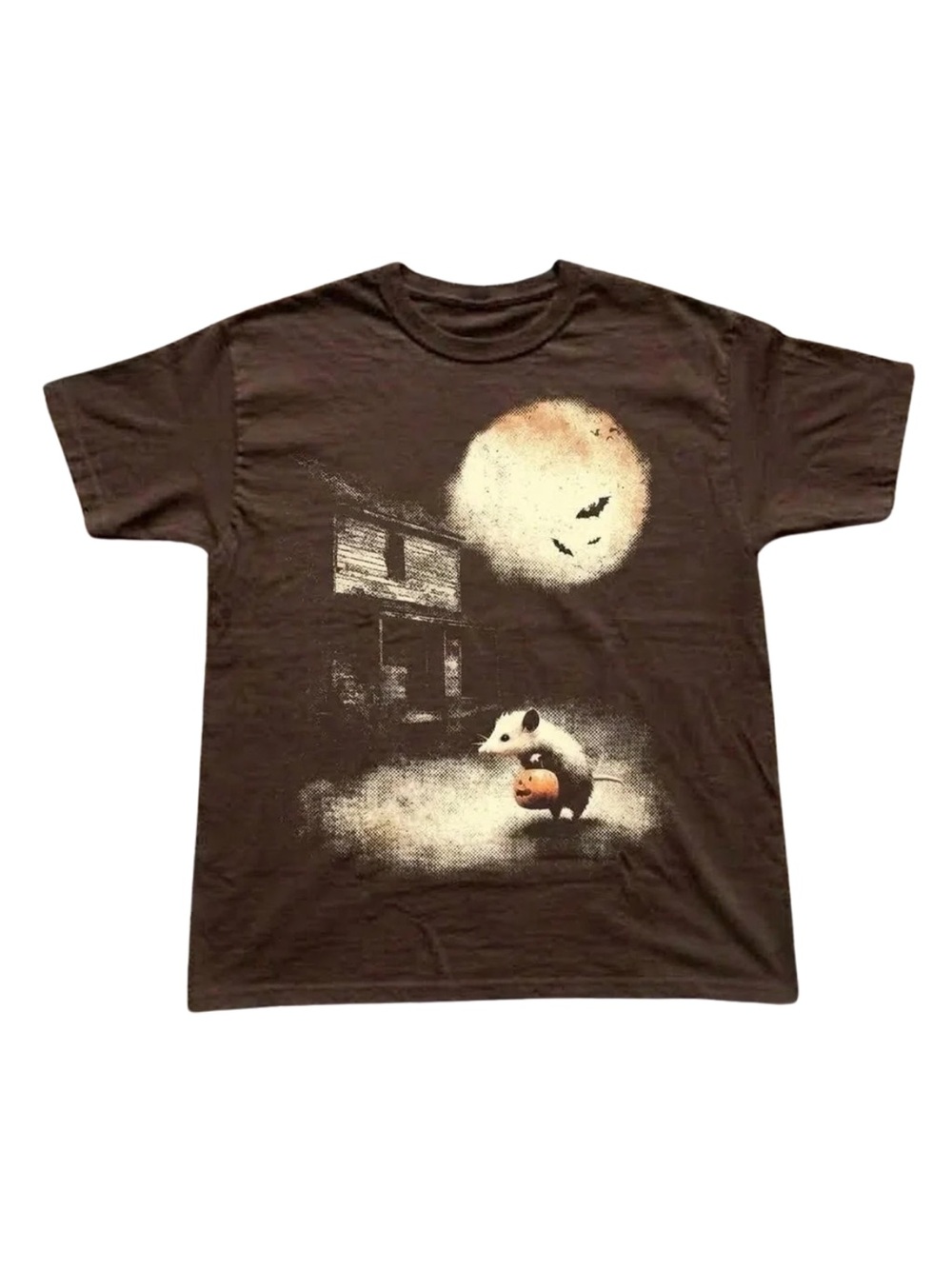 Gildan Brown Graphic Halloween Tee with Possum Pumpkin